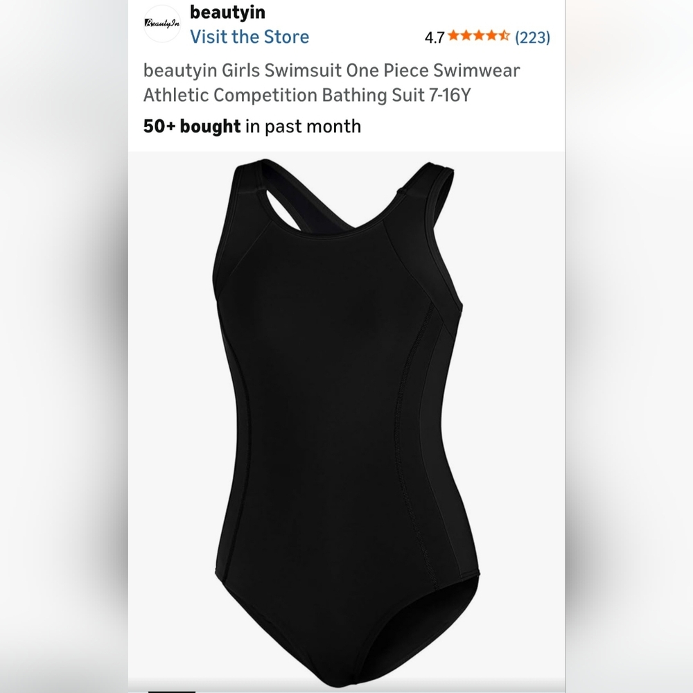 Girls' One-Piece Athletic Swimsuit – Black.  B-23